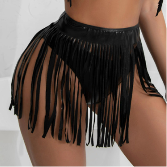 Boutique Other - LAST ONE! Sexy Steampunk Fringe Faux Leather Tassel Trim Bikini Cover Up Skirt